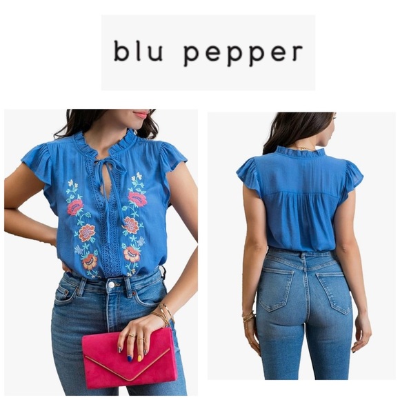 Blu Pepper Blue Tie Front Cap Sleeve Blouse L - Picture 1 of 10